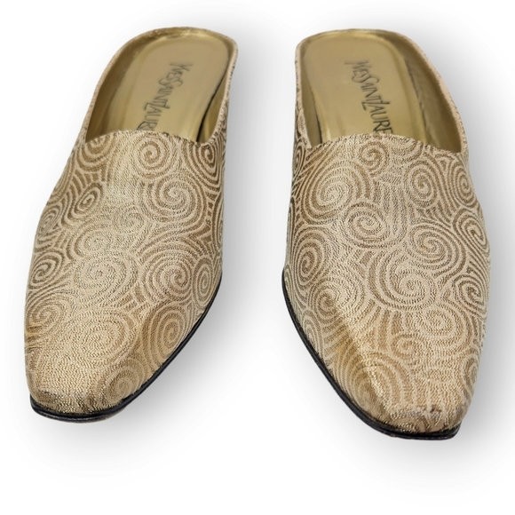 YVES Saint Laurent Mules Gold Swirl Vintage Slip On Heels YSL Women's Size 7 M - Picture 1 of 12